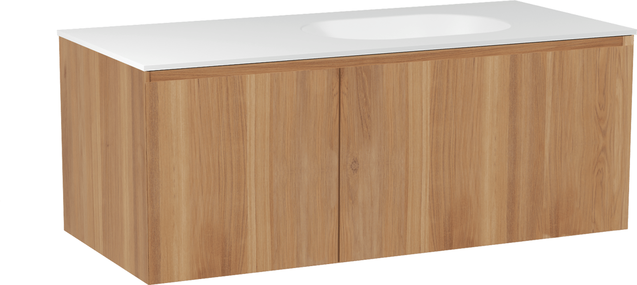 Balmani Idra meuble salle de bains suspendu 120 x 55 cm teck avec Tablo Oval vasque asymétrique droite en solid surface blanc mat