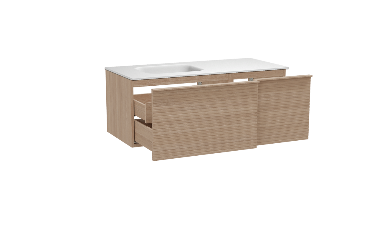 Balmani Forma meuble salle de bains suspendu 120 x 55 cm chêne naturel avec Tablo Arcato vasque asymétrique gauche en solid surface blanc mat, Nervure droite symétrique horizontale