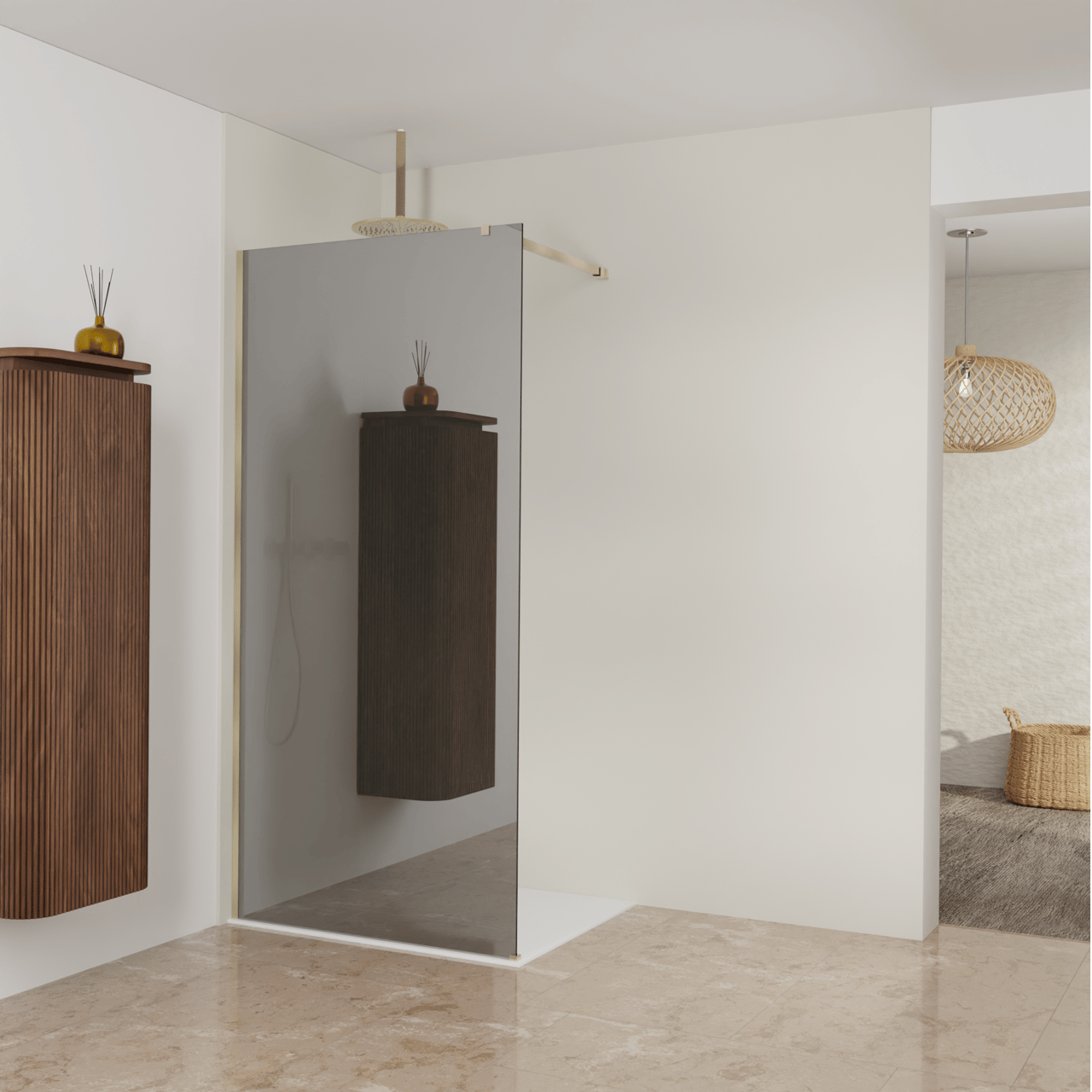 Balmani Modular Walk-In Dusche: 100 x 200 cm, Reflex-Spiegelglas, inklusive Coating, Profil Brushed Champagne Gold