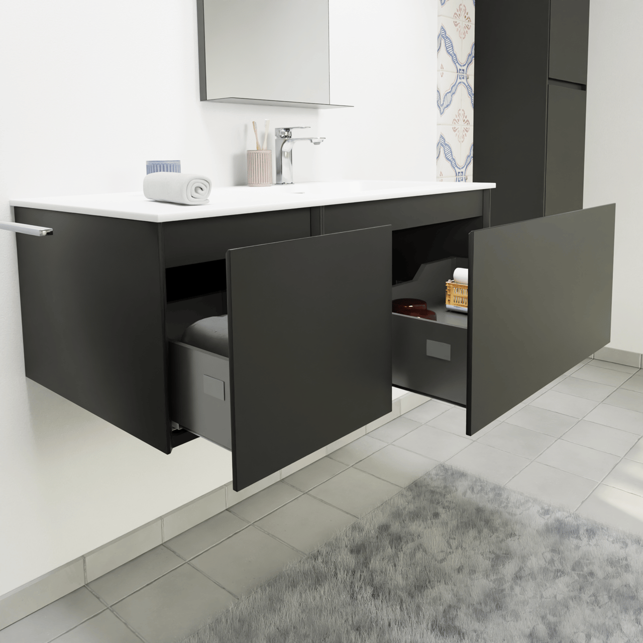 Storke Edge zwevend badmeubel 100 x 52 cm mat zwart met Mata asymmetrisch rechtse wastafel in solid surface mat wit