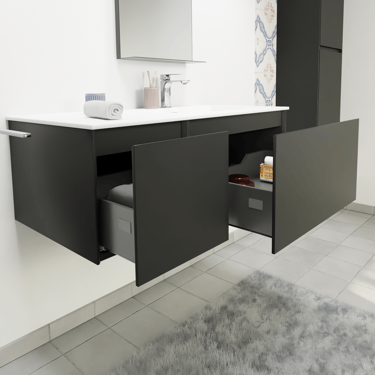 Storke Edge zwevend badkamermeubel 100 x 52 cm mat zwart met Mata asymmetrisch rechtse wastafel in solid surface mat wit