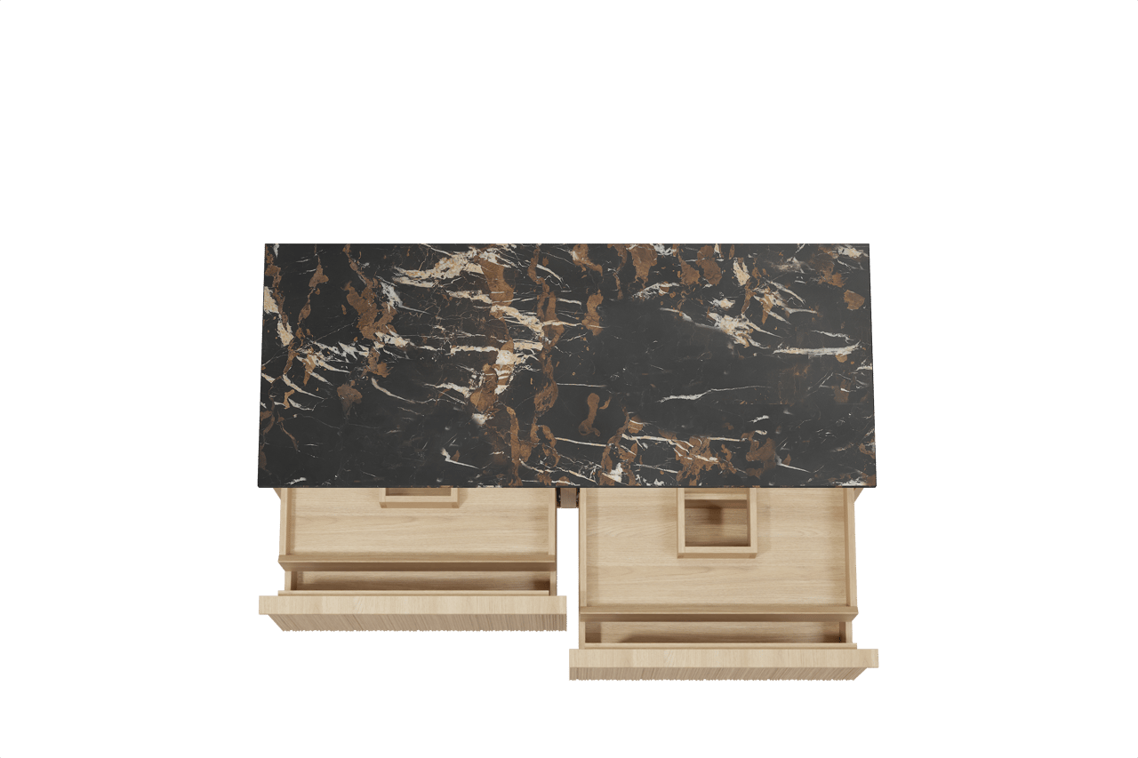 Balmani Forma zwevend badkamermeubel 135 x 55 cm natuur eik met Stretto enkel of dubbel tablet in marmer portoro gold, Verticale asymmetrische ronde ribbel