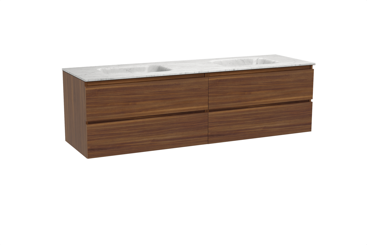 Balmani Lucida hängendes Möbelstück Set: 180 x 55 cm, Amerikanischer Nussbaum, mit Tablo Arcato Doppelwaschtisch, Marmor Carrara