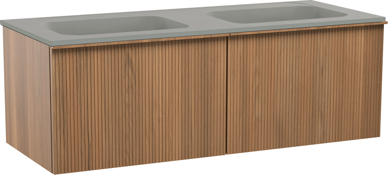 Balmani Forma zwevend badkamermeubel 135 x 55 cm teak met Tablo Strada dubbele wastafel in composietmarmer zijdegrijs, Verticale symmetrische rechte ribbel