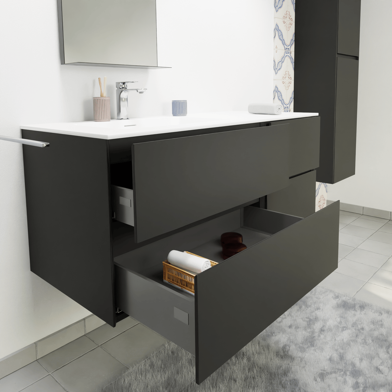 Storke Edge hängendes Möbelstück Set: 120 x 52 cm, Schwarz matt, mit Mata Waschtisch links, Solid Surface Weiß matt