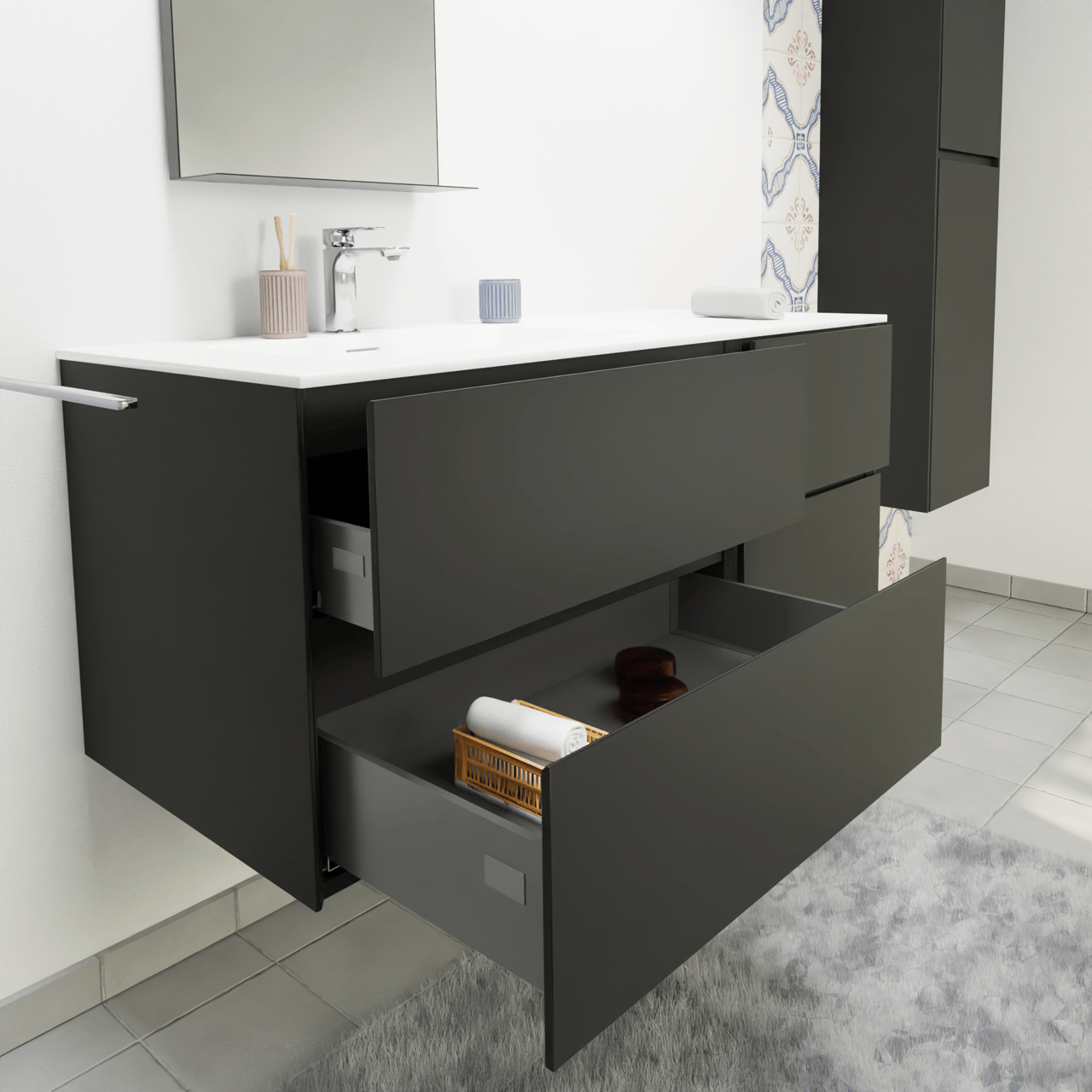 Storke Edge zwevend badkamermeubel 120 x 52 cm mat zwart met Mata asymmetrisch linkse wastafel in solid surface mat wit