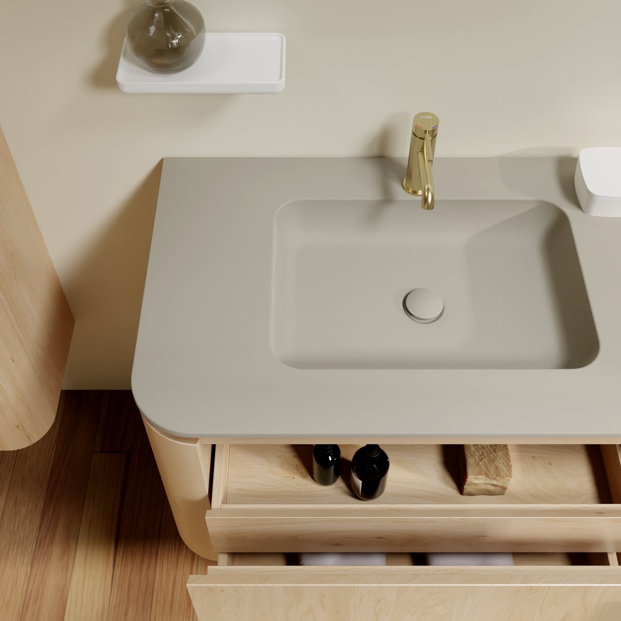 Balmani Moon meuble salle de bains suspendu 130 x 55 cm chêne naturel avec Moon plan simple en top solid soie grise