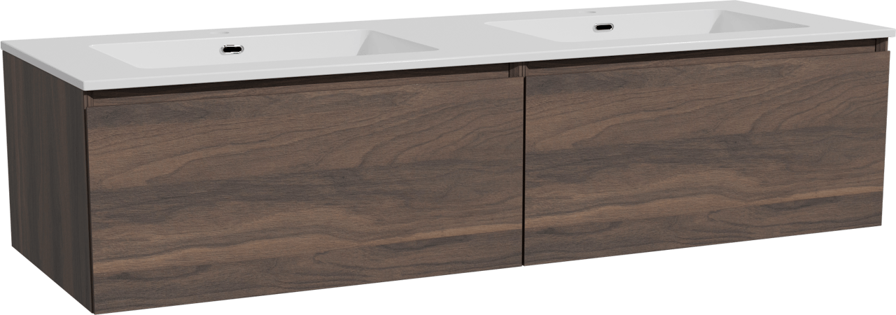 Storke Edge zwevend badmeubel 150 x 52 cm notenhout met Diva dubbele wastafel in composietmarmer hoogglans wit