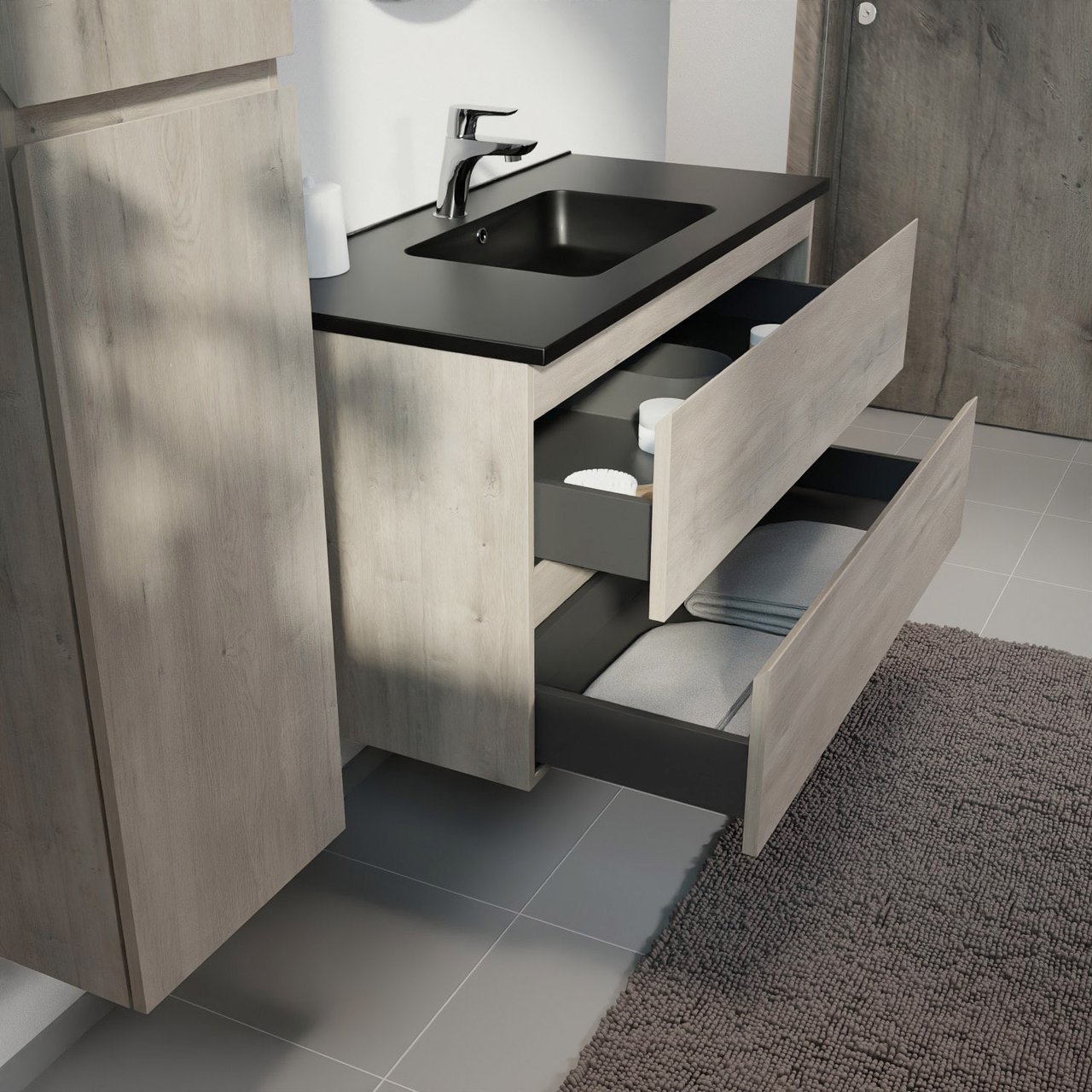 Linie Lado zwevend badkamermeubel 100 x 46 cm grijze eik met Vano enkele wastafel in composietmarmer mat zwart