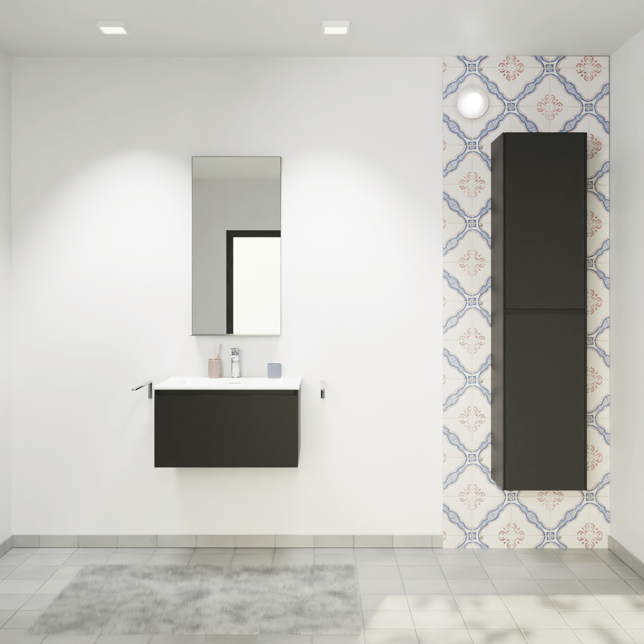 Storke Edge hängendes Möbelstück Set: 65 x 52 cm, Schwarz matt, mit Mata Einzelwaschtisch, Solid Surface Weiß matt