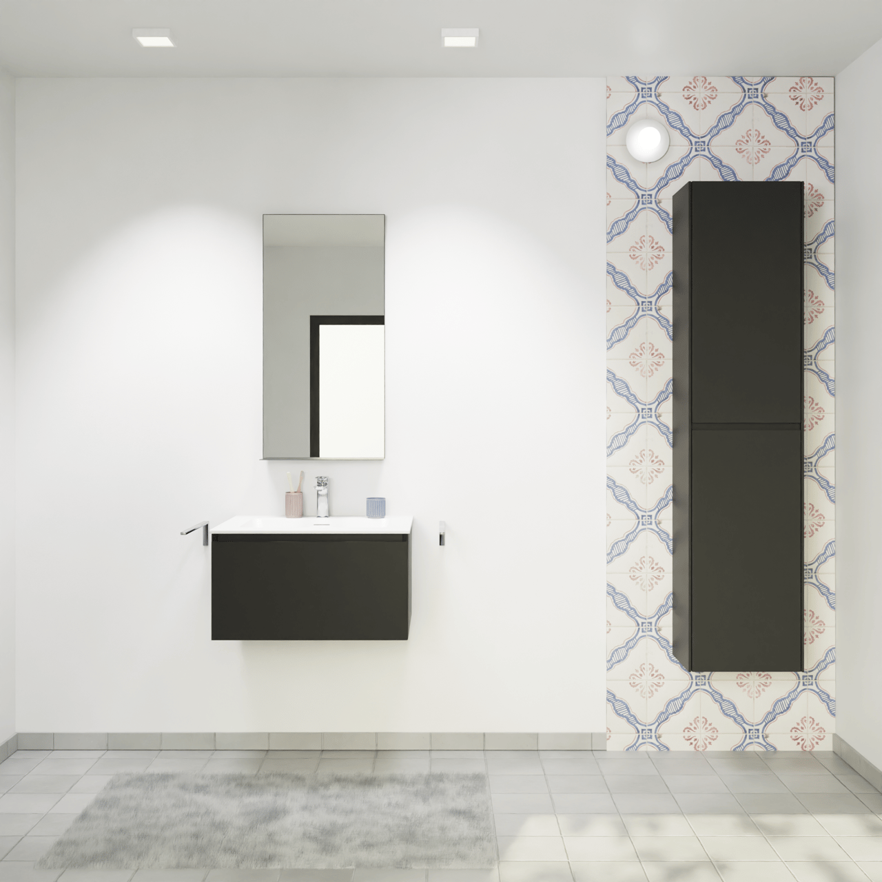 Storke Edge zwevend badkamermeubel 65 x 52 cm mat zwart met Mata enkele wastafel in solid surface mat wit