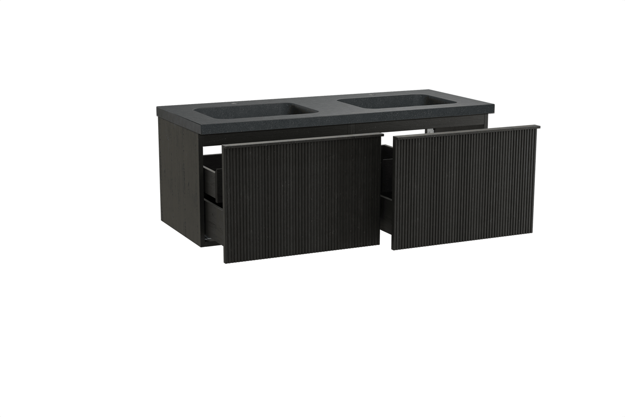 Balmani Forma zwevend badkamermeubel 135 x 55 cm zwarte eik met Napoli dubbele wastafel in graniet zwart, Verticale symmetrische rechte ribbel