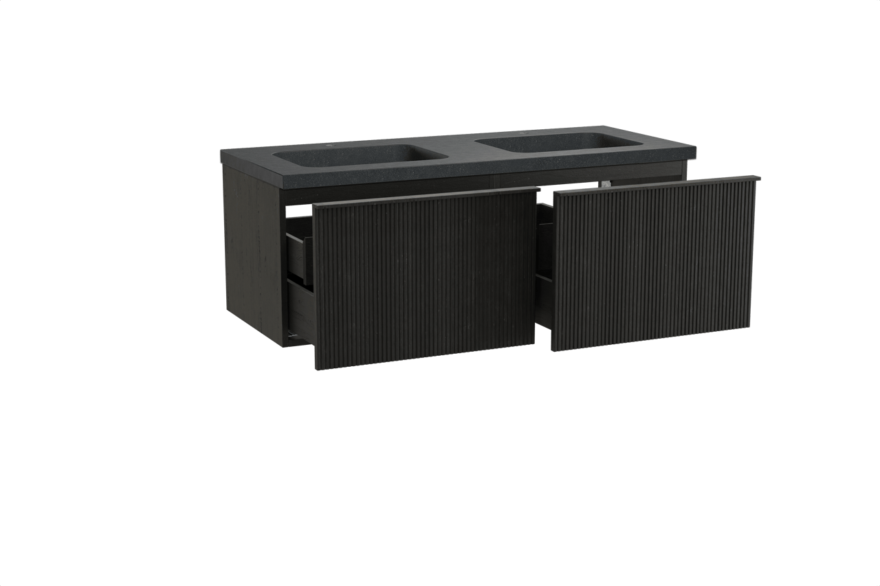 Balmani Forma zwevend badkamermeubel 135 x 55 cm zwarte eik met Napoli dubbele wastafel in graniet zwart, Verticale symmetrische rechte ribbel