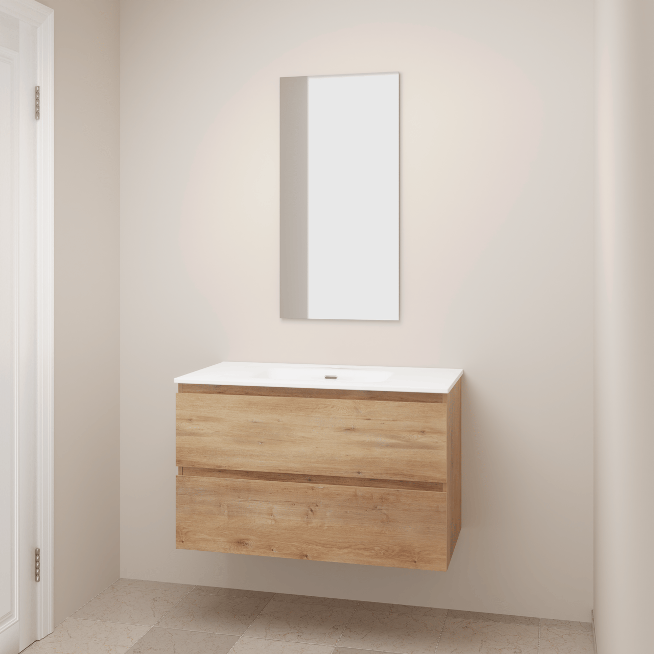 Linie Lado staand badkamermeubel 90 x 46 cm natuur eik met Baro enkele wastafel in porselein hoogglans wit met Lado decoratieve frame en Soto badkamerspiegel