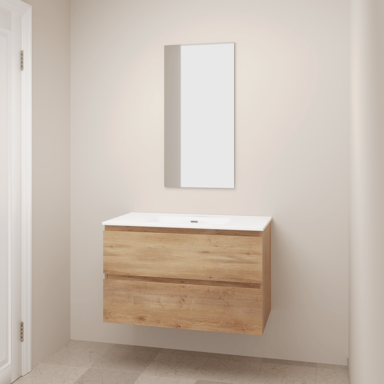 Linie Lado staand badkamermeubel 90 x 46 cm natuur eik met Baro enkele wastafel in porselein glanzend wit met Lado decoratieve frame en Soto badkamerspiegel