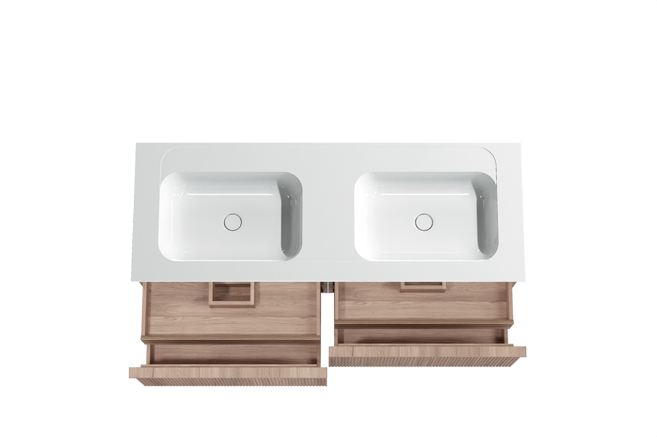 Balmani Forma zwevend badmeubel 150 x 55 cm teakhout met Tablo Strada dubbele wastafel in composietmarmer hoogglans wit, Verticale symmetrische rechte ribbel