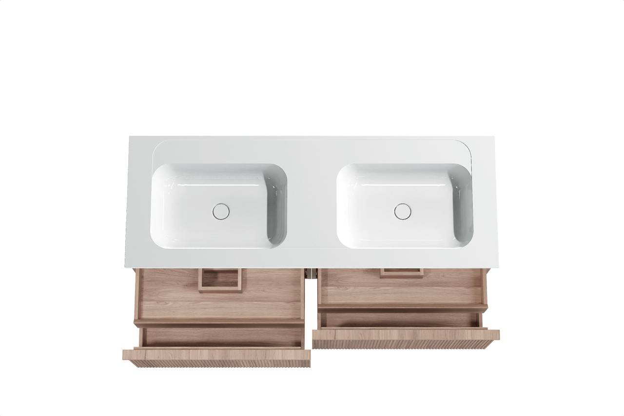 Balmani Forma hängendes Möbelstück Set: 150 x 55 cm, Teak, mit Tablo Strada Doppelwaschtisch, Marmorkomposit, Weiß glänzend, Vertikale symmetrische gerade Rippe