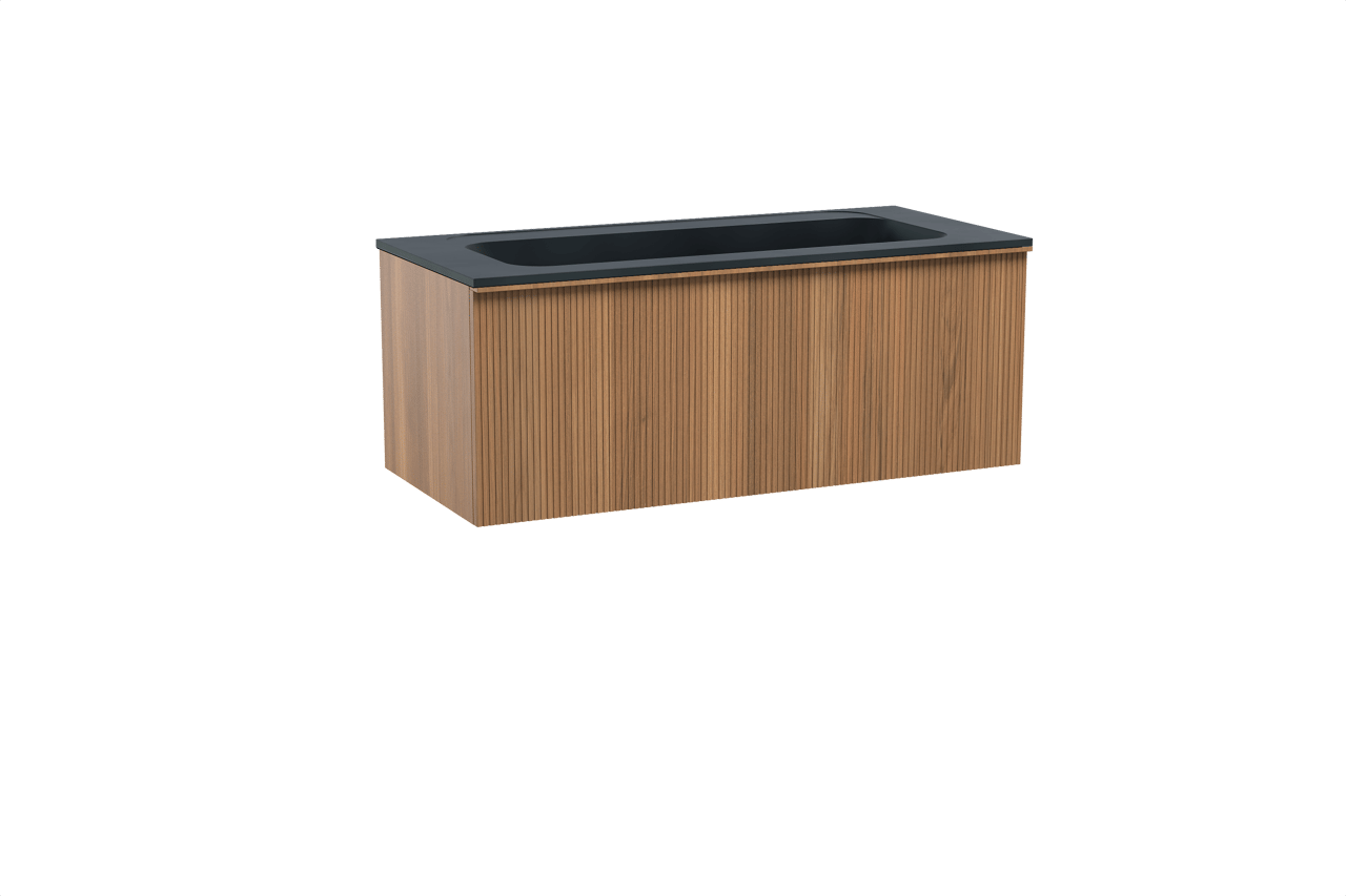 Balmani Forma hängendes Möbelstück Set: 120 x 55 cm, Teak, mit Tablo Strada Einzelwaschtisch für 2 Armaturenlöcher, Marmorkomposit, Schwarz matt, Vertikale symmetrische gerade Rippe