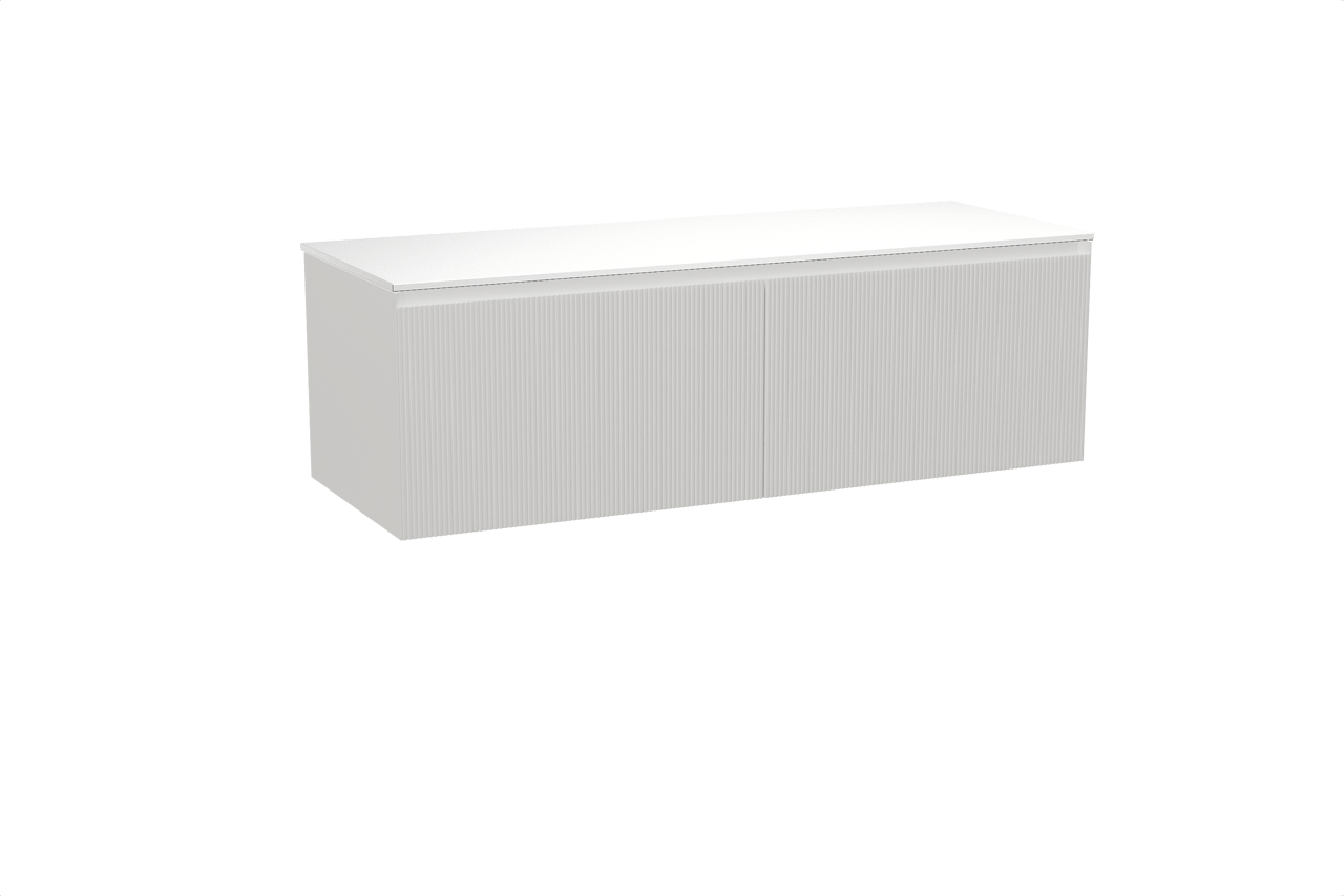 Balmani Fila hängendes Möbelstück Set: 150 x 55 cm, Weiß matt, mit Stretto Einzel- oder Doppel Waschtischplatte, Solid Surface, Weiß matt, Vertikale symmetrische gerade Rippe