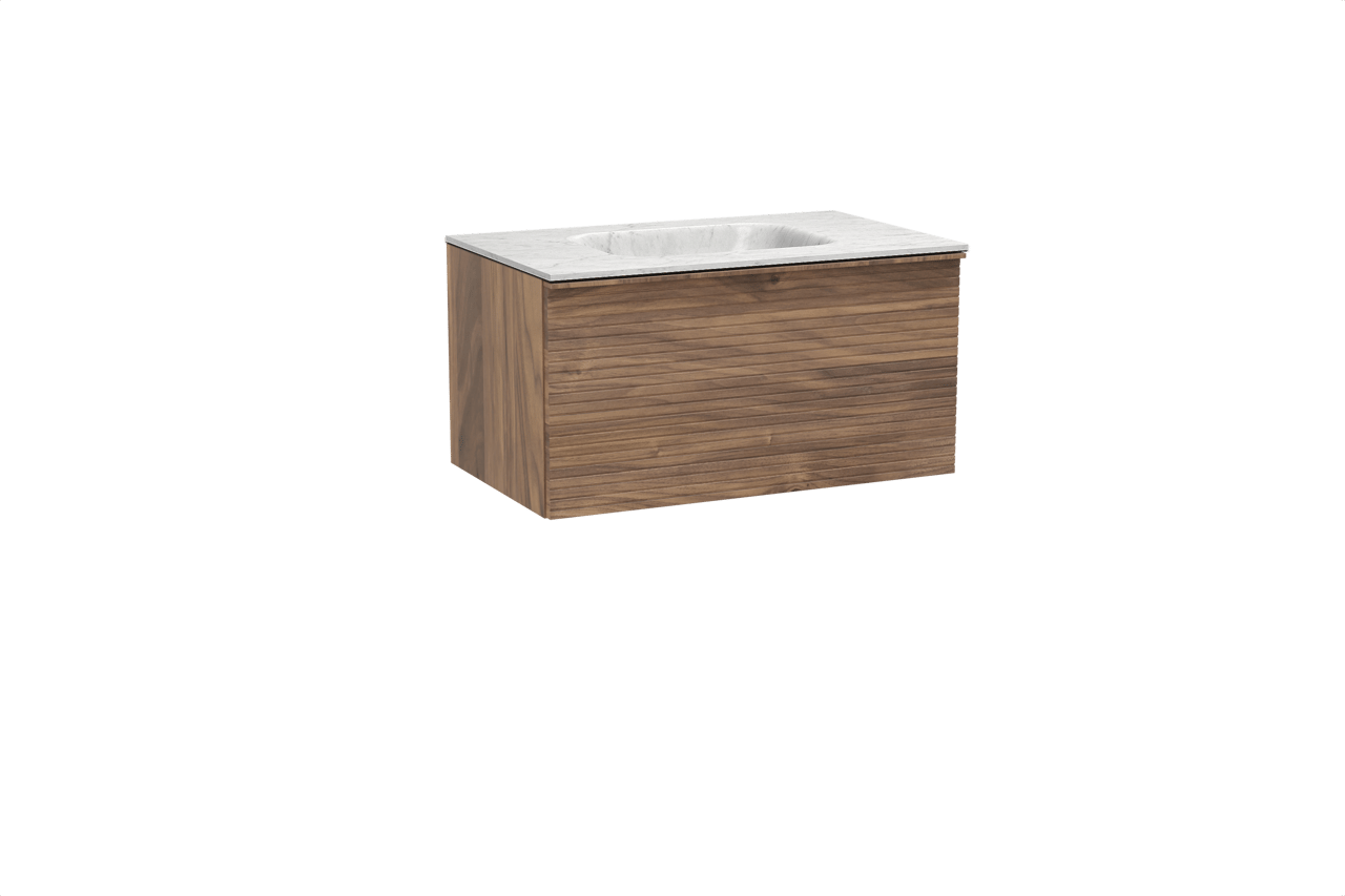 Balmani Forma meuble salle de bains suspendu 90 x 55 cm noyer américain avec Tablo Arcato plan simple en marbre carrara, Nervure droite symétrique horizontale