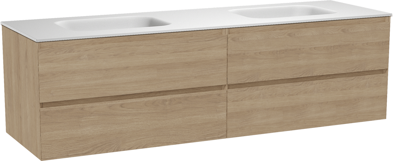 Balmani Mitra meuble salle de bains suspendu 180 x 55 cm chêne naturel avec Tablo Arcato double vasque en solid surface blanc mat