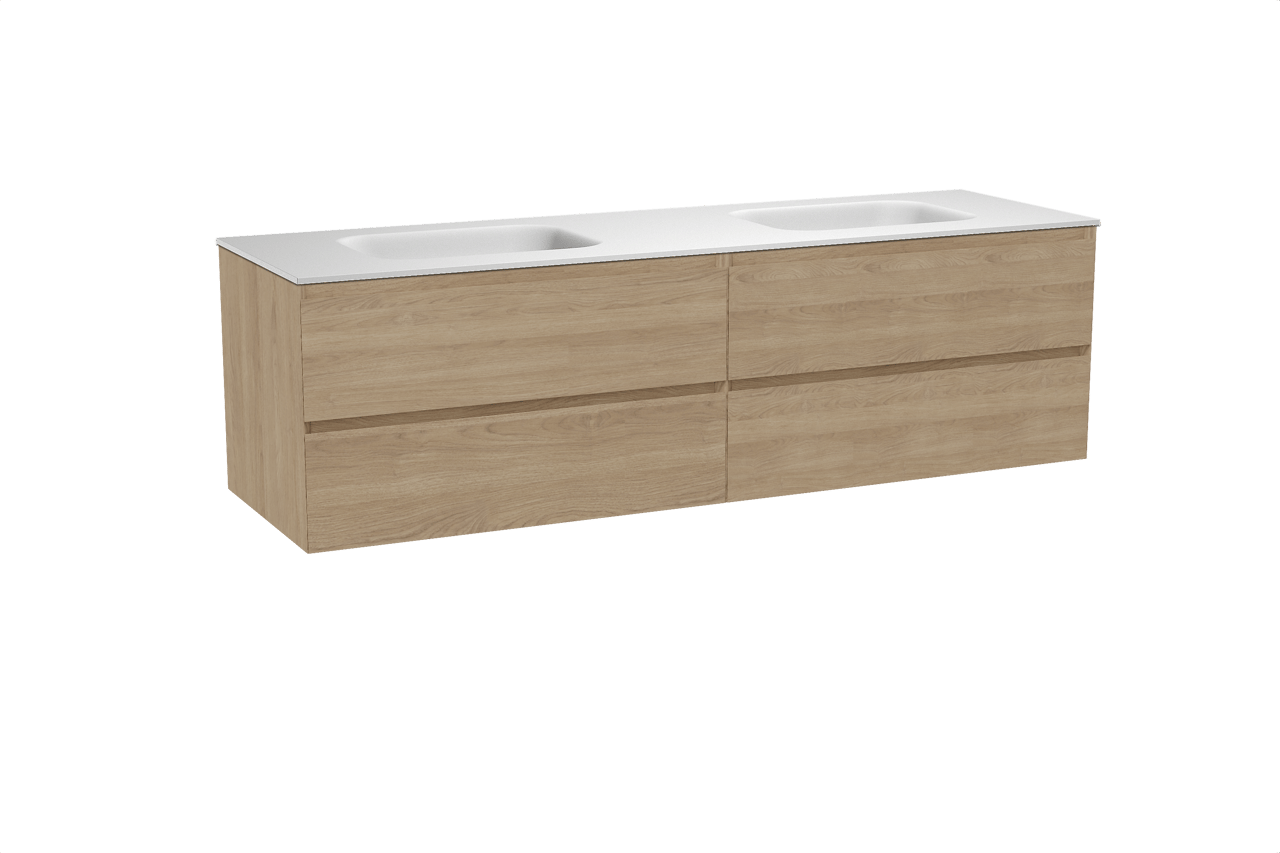 Balmani Mitra zwevend badkamermeubel 180 x 55 cm natuur eik met Tablo Arcato dubbele wastafel in solid surface mat wit