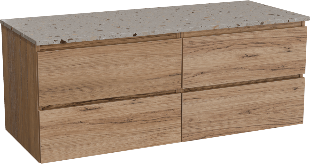 Balmani Lucida zwevend badkamermeubel 135 x 55 cm teak met Stretto enkel of dubbel tablet in terrazzo greige terrazzo