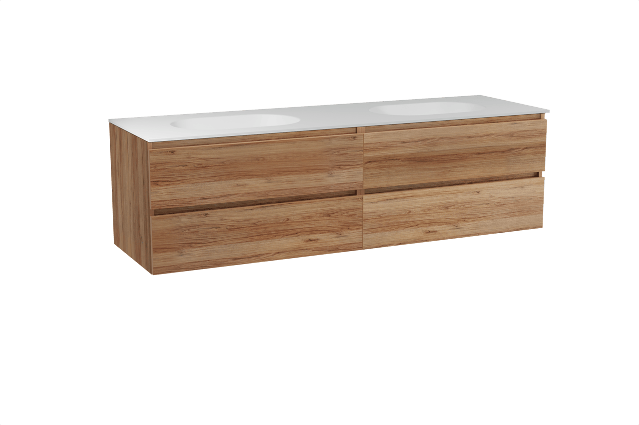 Balmani Lucida hängendes Möbelstück Set: 180 x 55 cm, Teak, mit Tablo Oval Doppelwaschtisch, Solid Surface Weiß matt