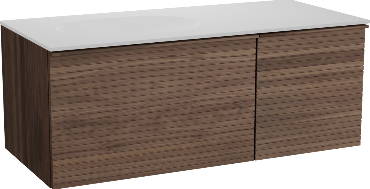 Balmani Forma hängendes Möbelstück Set: 120 x 55 cm, Amerikanischer Nussbaum, mit Tablo Oval Waschtisch links, Solid Surface, Weiß matt, Horizontale symmetrische gerade Rippe