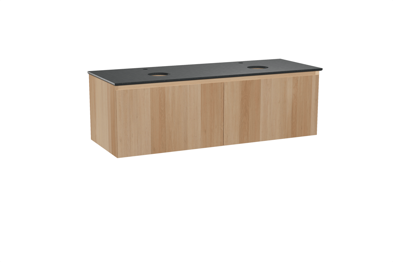 Balmani Idra hängendes Möbelstück Set: 150 x 55 cm, Naturbelassene Eiche, mit Facetta Doppel Waschtischplatte, Schwarzes Granit