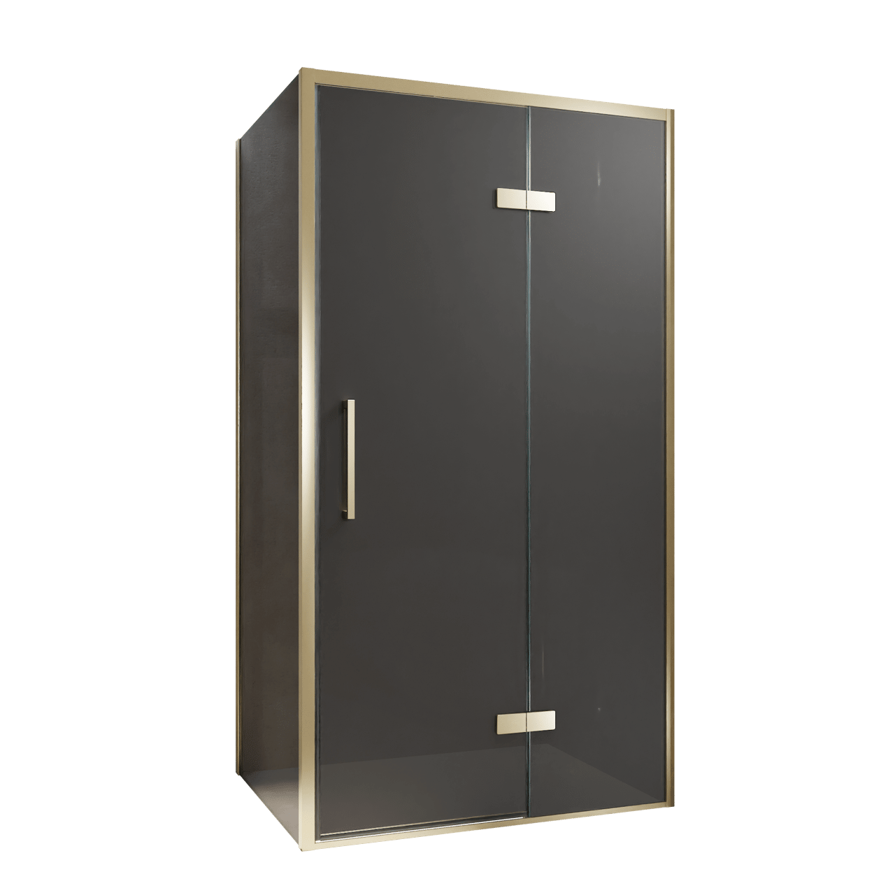 Balmani Senses Design douche en coin avec porte pivotante à droite et paroi latérale fixe, 100 x 100 cm, Verre fumé, Profil Brushed Champagne Gold, coating inclus