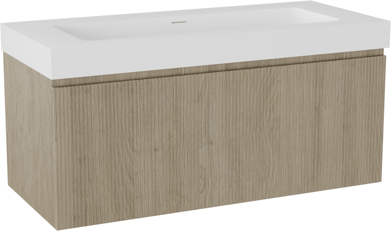 Storke Ribs hängendes Möbelstück Set: 120 x 52 cm, Rohe Eiche, mit Mata High Einzelwaschtisch, Solid Surface, Weiß matt, Vertikale symmetrische gerade Rippe