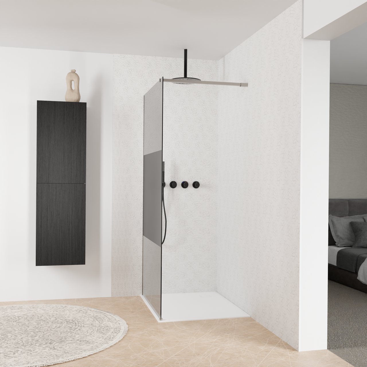 Balmani Modular Walk-In Dusche: 100 x 200 cm, Rauchglas mit mattiertem Streifen, inklusive Coating, Profil Brushed Inox
