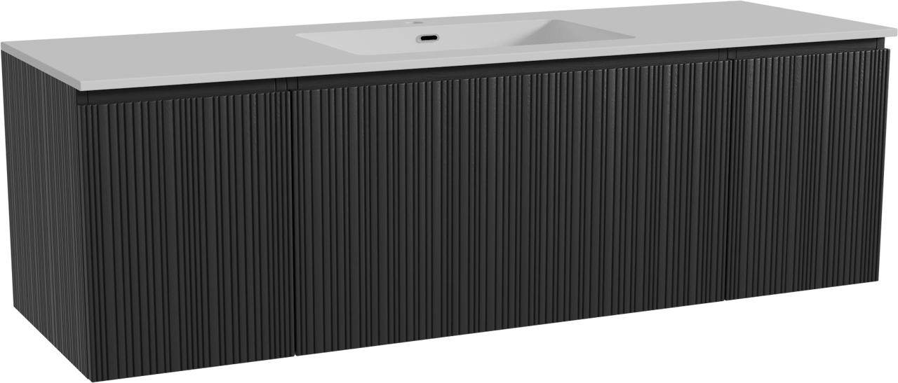 Storke Ribs zwevend badmeubel 155 x 52 cm zwart eiken met Diva enkele wastafel in composietmarmer hoogglans wit, Verticale asymmetrische rechte ribbel