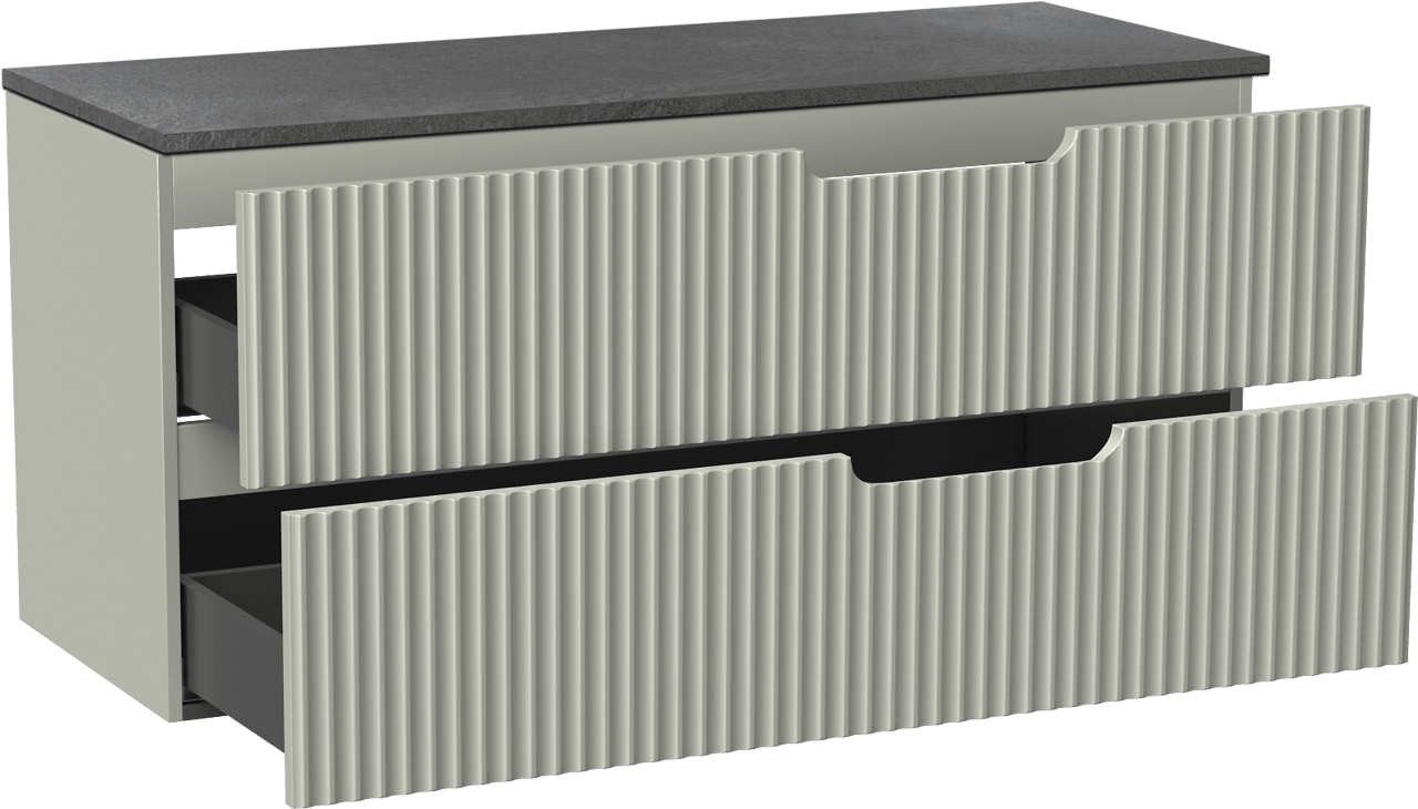 Linie Ribbo hängendes Möbelstück Set: 120 x 46 cm, Greige, mit Lado Einzel- oder Doppel Waschtischplatte, Melamin, Schiefergrau, Vertikale symmetrische runde Rippe