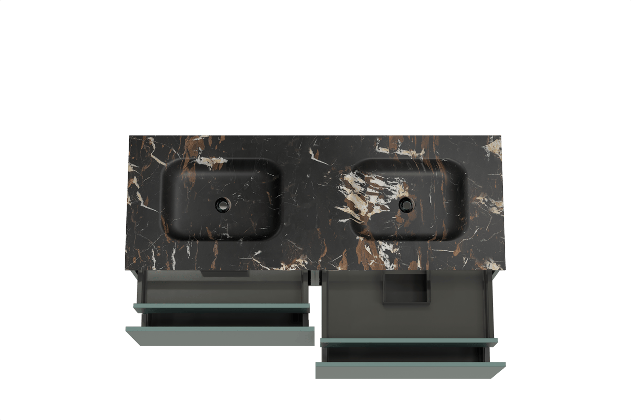 Balmani Sfera meuble salle de bains suspendu 150 x 55 cm forest avec Tablo Arcato double vasque en marbre portoro gold