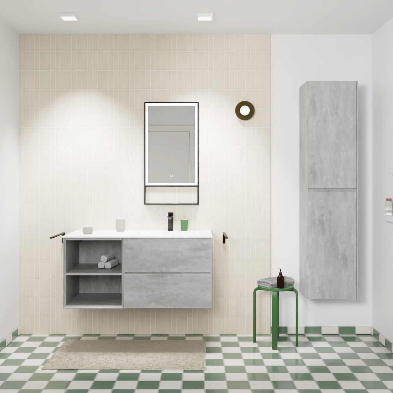 Storke Edge meuble salle de bains suspendu 110 x 52 cm béton gris foncé avec Mata plan vasque asymétrique à droite en solid surface blanc mat