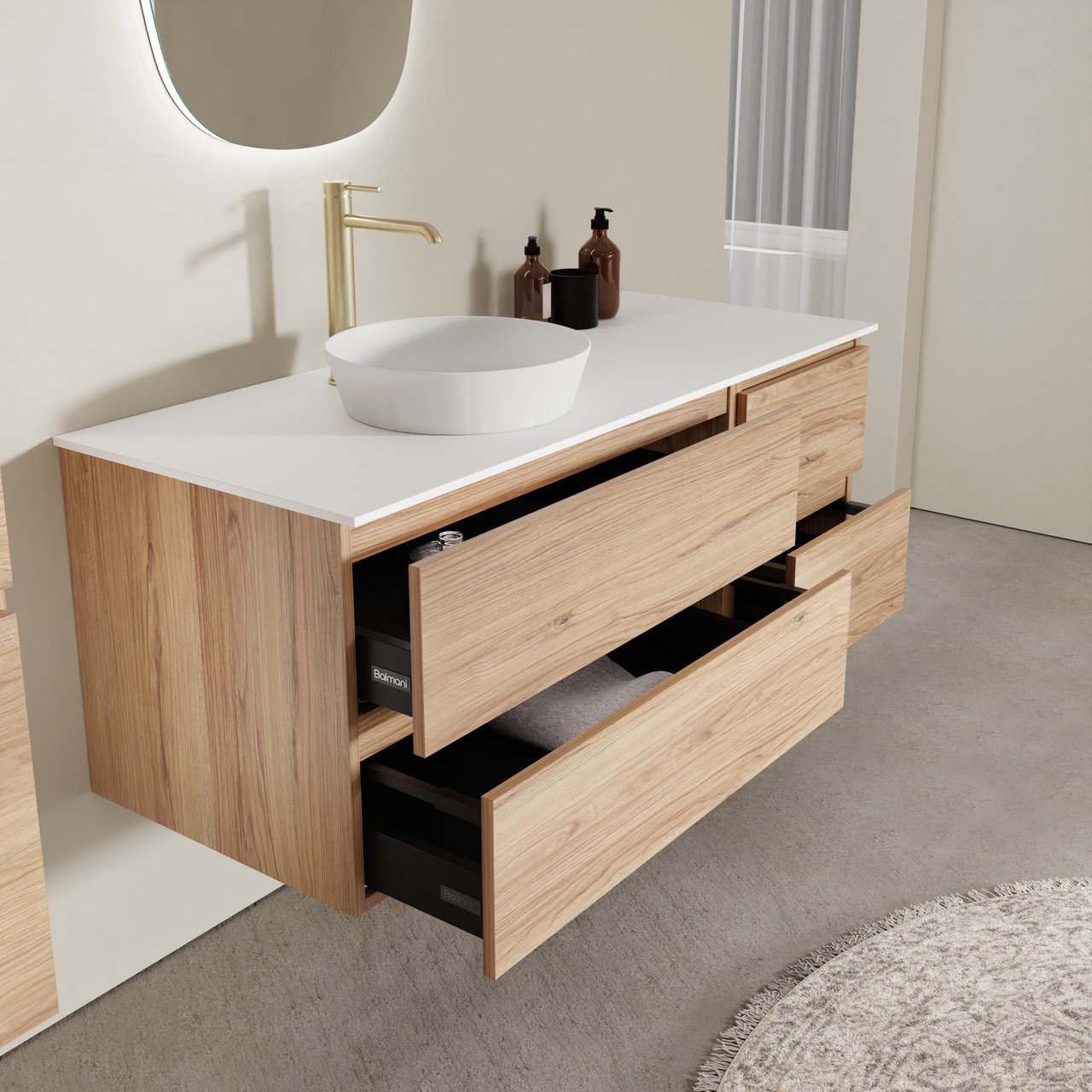 Balmani Lucida zwevend badkamermeubel 135 x 55 cm teak met Stretto enkel of dubbel tablet in solid surface mat wit
