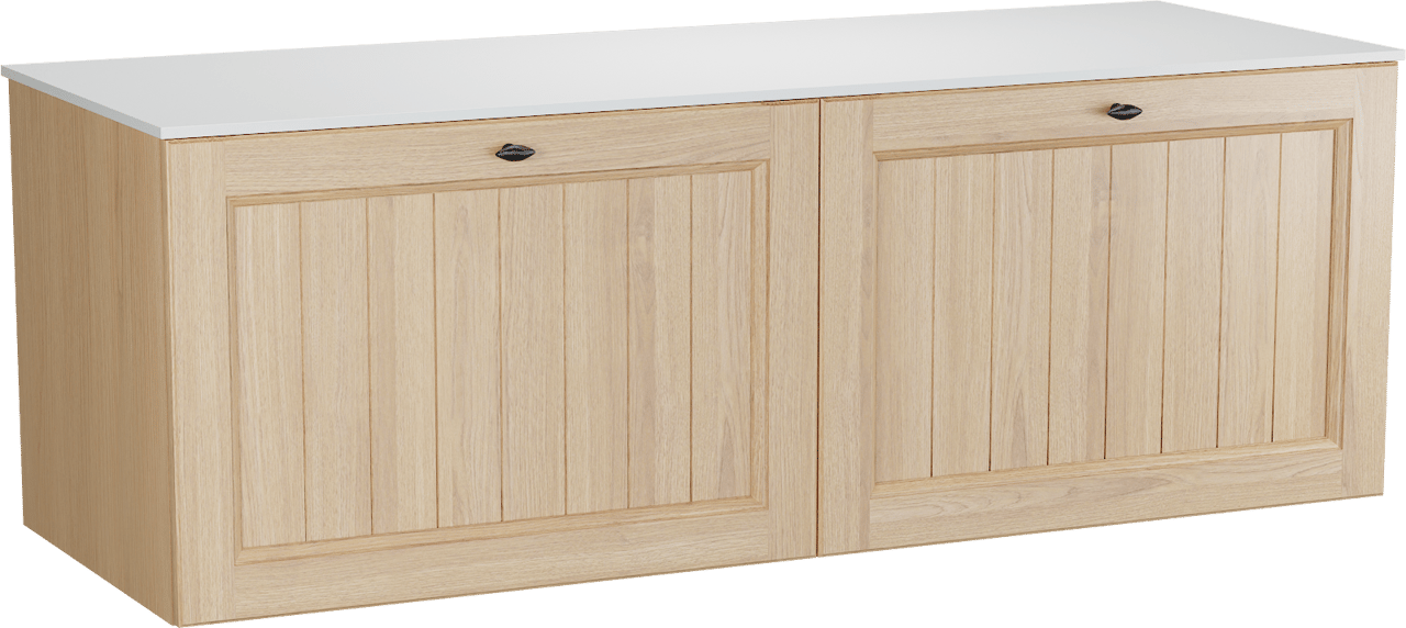 Balmani Lemon zwevend badkamermeubel 150 x 55 cm, fineer natuur eik met Stretto enkel of dubbel tablet in mat wit