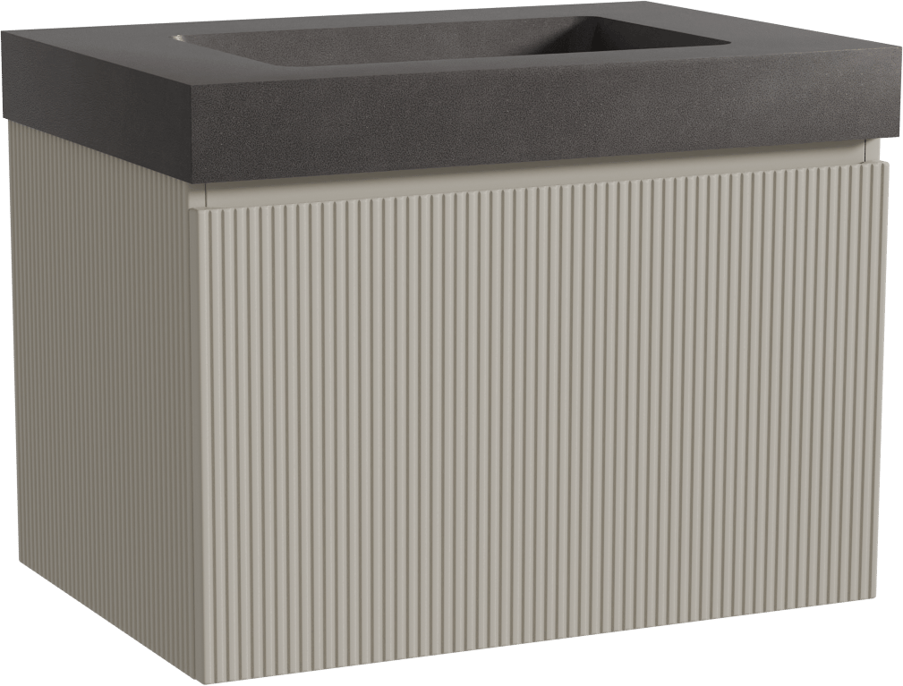 Storke Ribs zwevend badmeubel 75 x 52 cm zijdegrijs met Scuro High enkele wastafel in kwarts mat zwart, Verticale symmetrische rechte ribbel