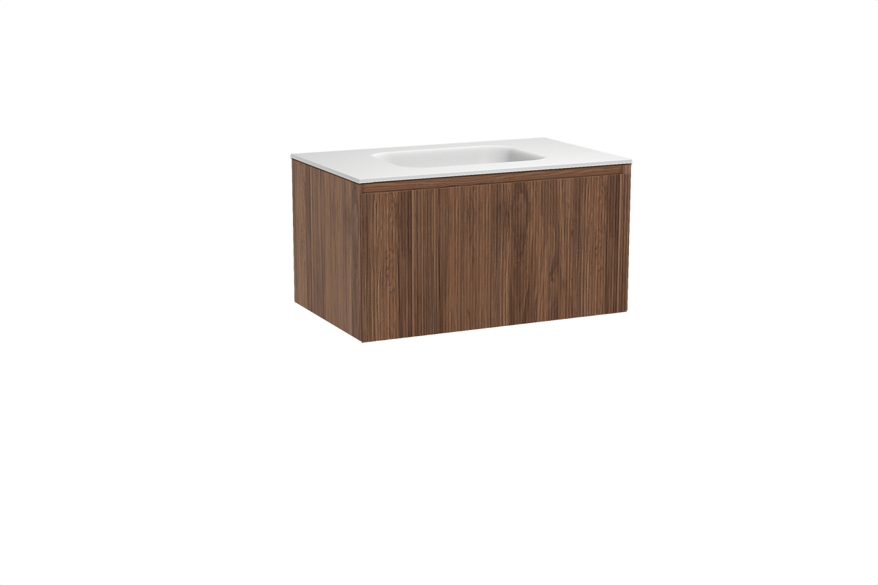 Balmani Fila hängendes Möbelstück Set: 90 x 55 cm, Nussbaum, mit Tablo Arcato Einzelwaschtisch, Solid Surface, Weiß matt, Vertikale symmetrische gerade Rippe