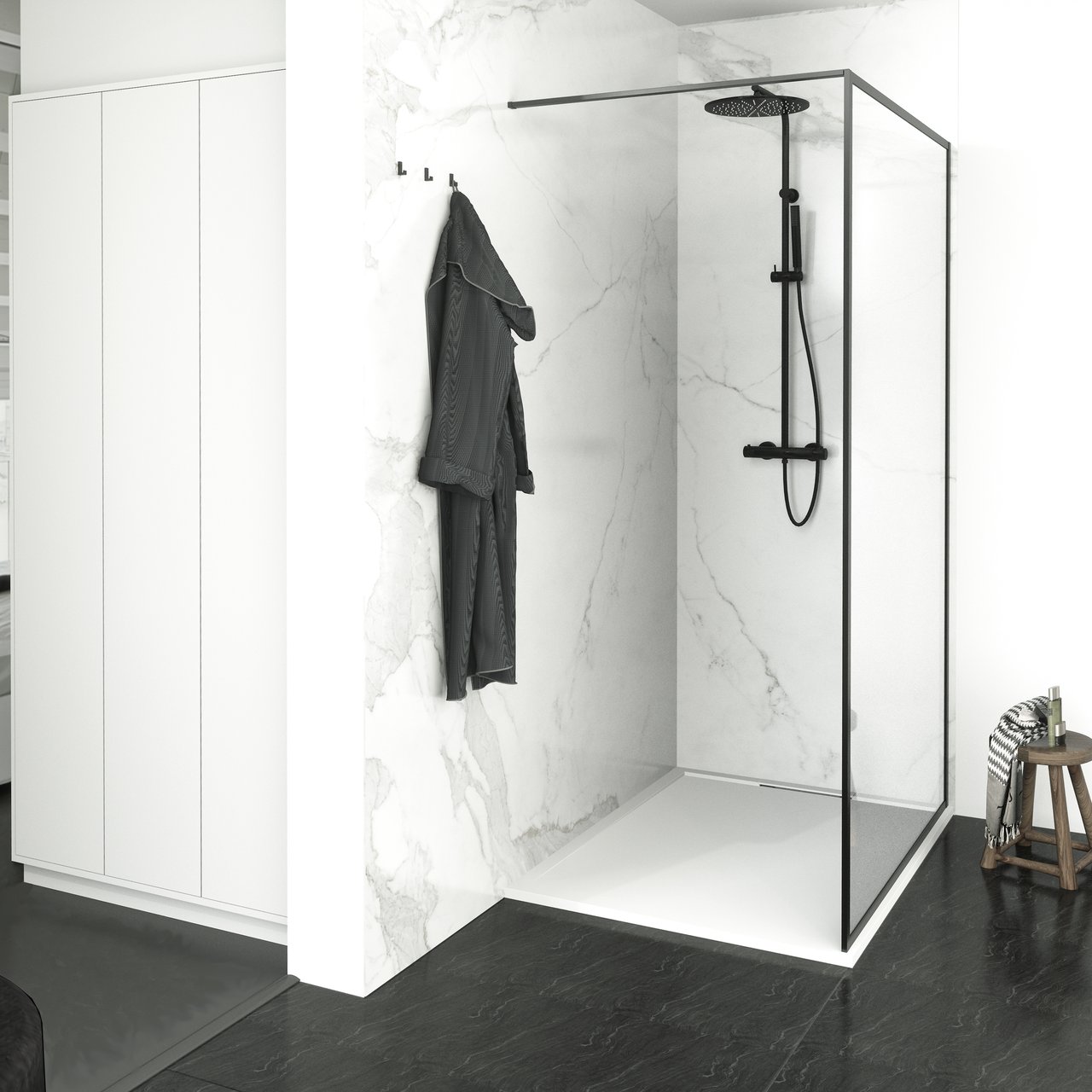 Balmani Framed Walk-In-Dusche 120 x 210 cm Klarglas matt schwarzes Profil