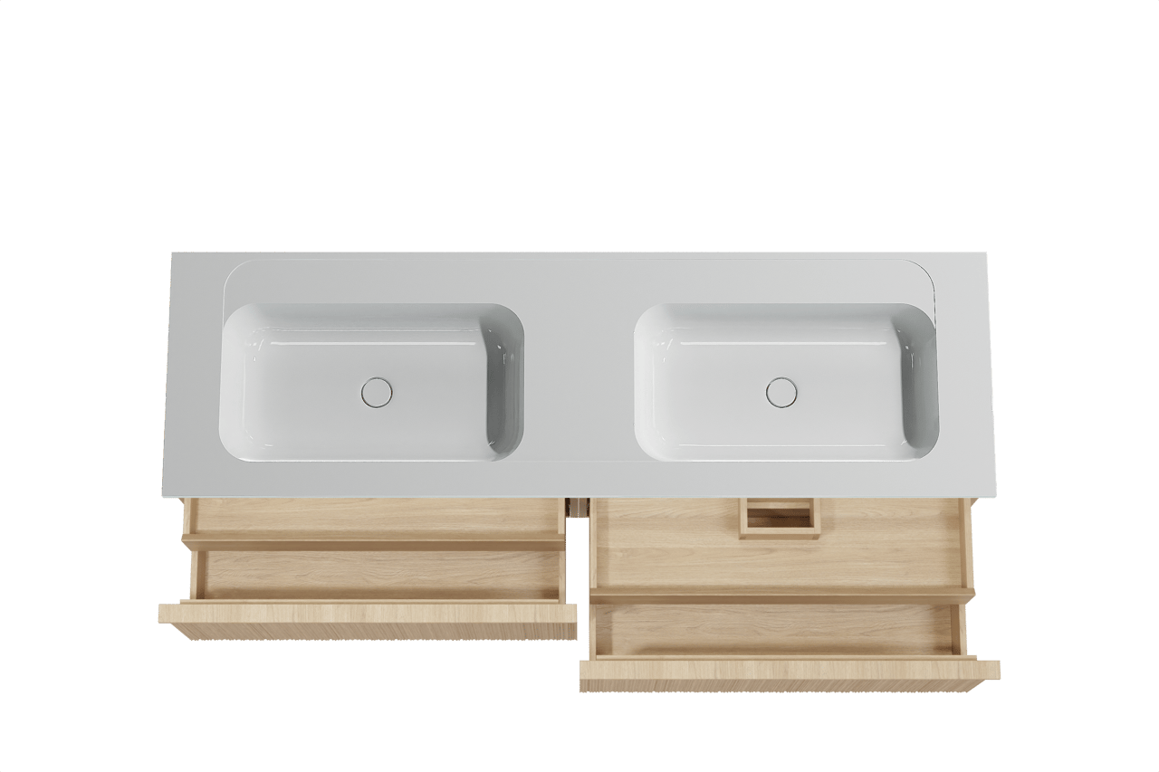 Balmani Forma meuble salle de bains suspendu 180 x 55 cm chêne naturel avec Tablo Strada double vasque en marbre composite blanc brillant, Nervure circulaire asymétrique verticale