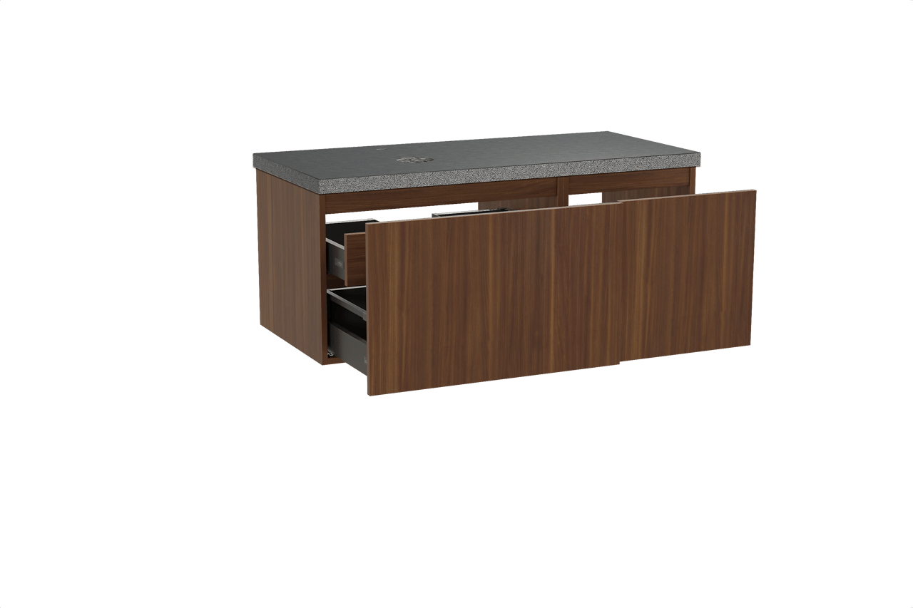 Balmani Sfera hängendes Möbelstück Set: 120 x 55 cm, Amerikanischer Nussbaum, mit Rock Waschtisch links, Schwarzes Granit