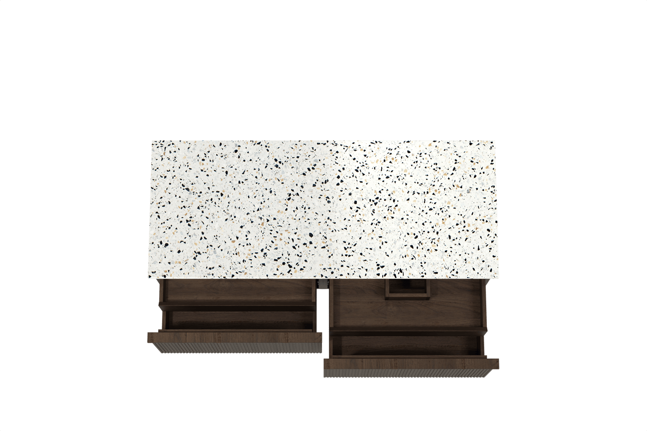 Balmani Forma zwevend badkamermeubel 135 x 55 cm gerookte eik met Stretto enkel of dubbel tablet in mat wit/zwart terrazzo, Verticale symmetrische rechte ribbel