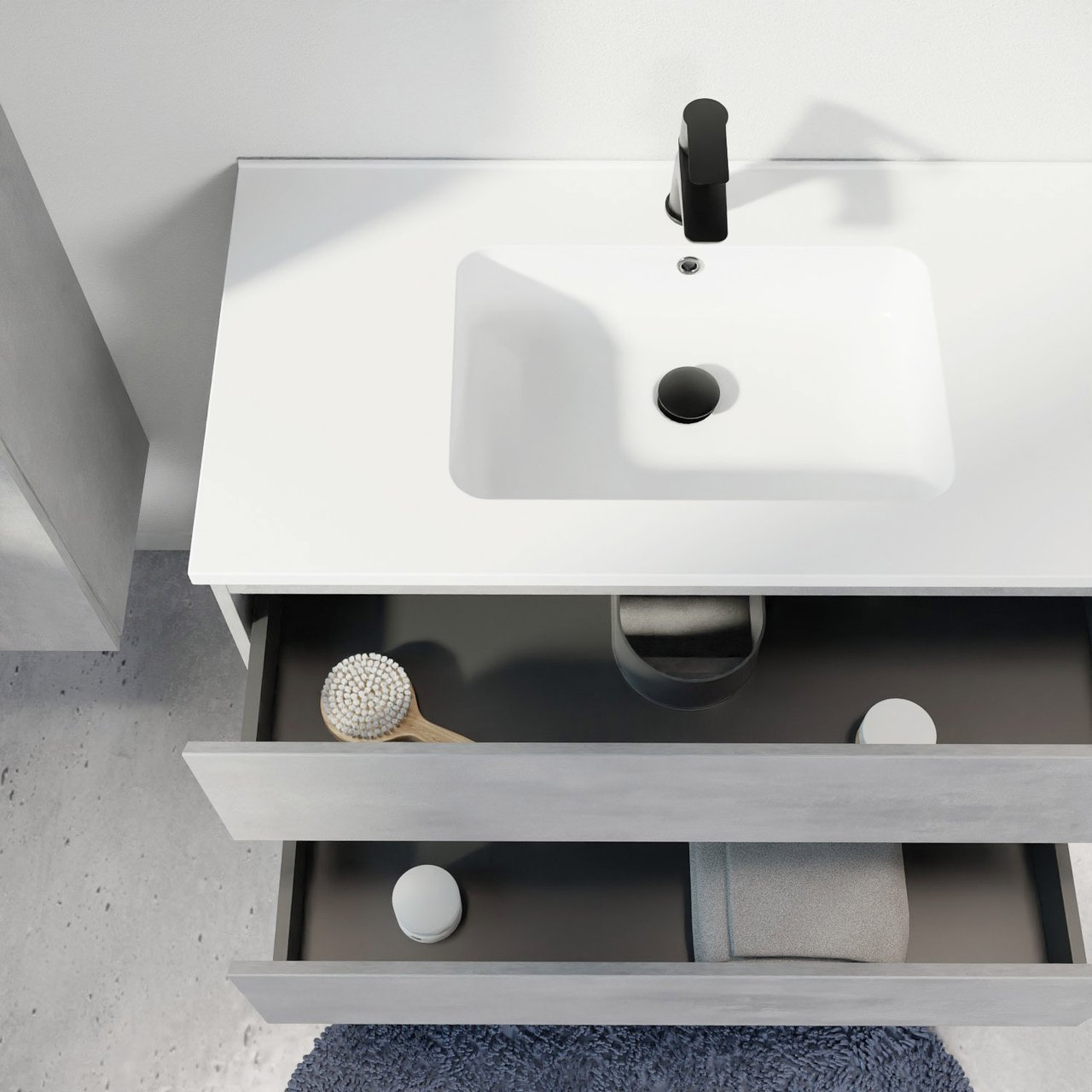 Linie Lado hängendes Möbelstück Set: 70 x 46 cm, Beton dunkelgrau, mit Vano Einzelwaschtisch, Marmorkomposit Weiß matt