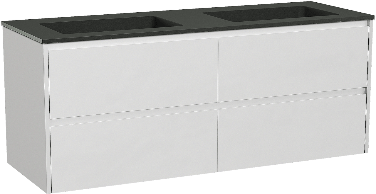 Storke Seda zwevend badmeubel 150 x 52 cm mat wit met Scuro dubbele wastafel in kwarts mat zwart