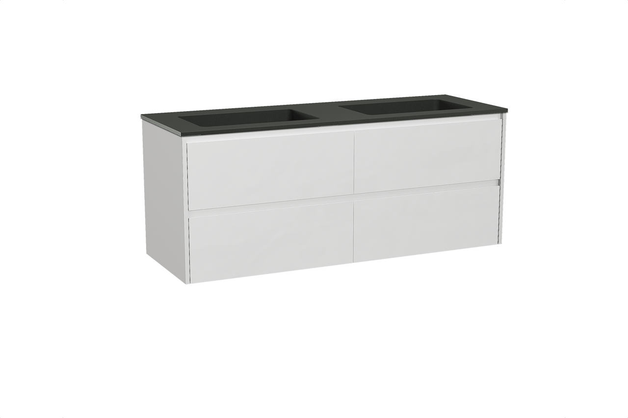 Storke Seda meuble salle de bains suspendu 150 x 52 cm blanc mat avec Scuro double vasque en quartz noir mat
