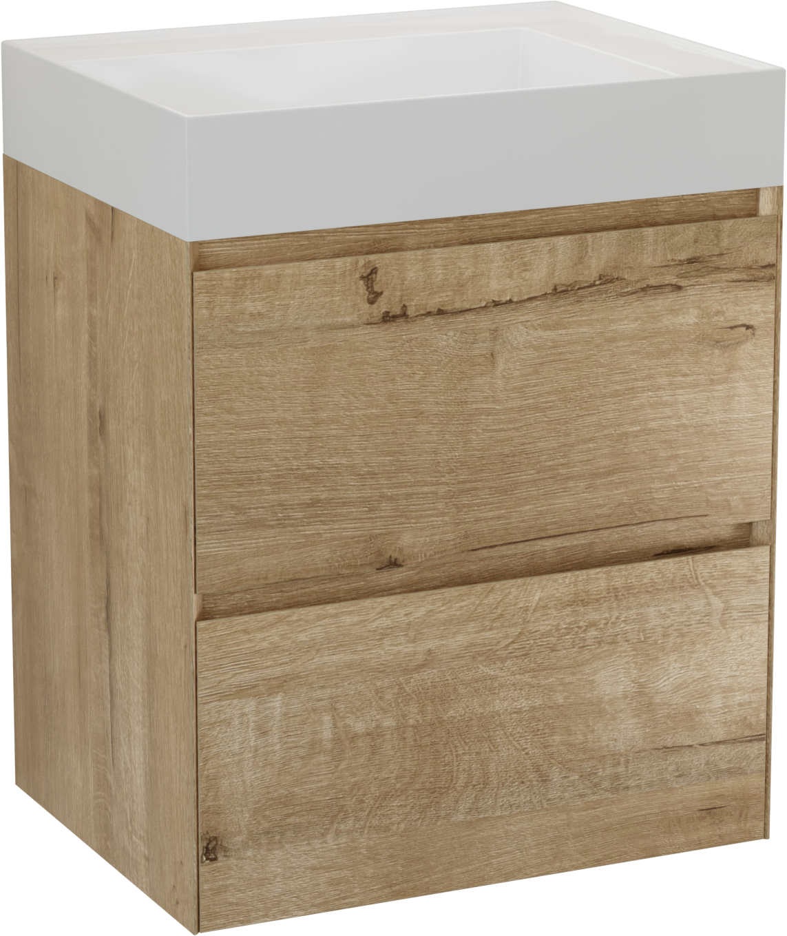 Balmani Mitra Compact hängendes Möbelstück Set: 60 x 46 cm, Eiche Rau, mit Argila Waschtisch links Marmorkomposit glänzend Weiβ