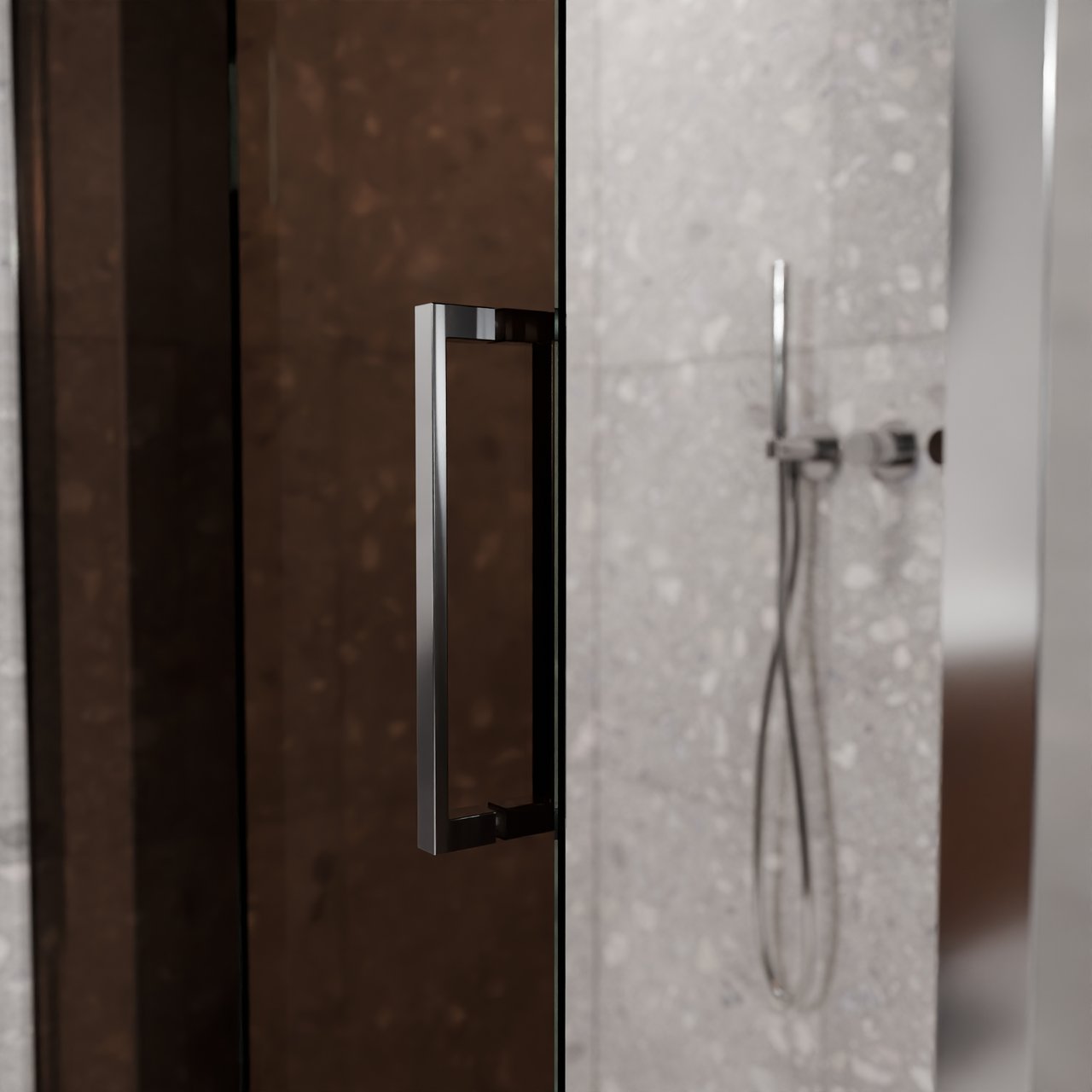 Balmani Senses Design douche d'angle avec porte coulissante à gauche et paroi latérale fixe, 160 x 100 cm, Bronze, Profil Chrome brillant, coating inclus